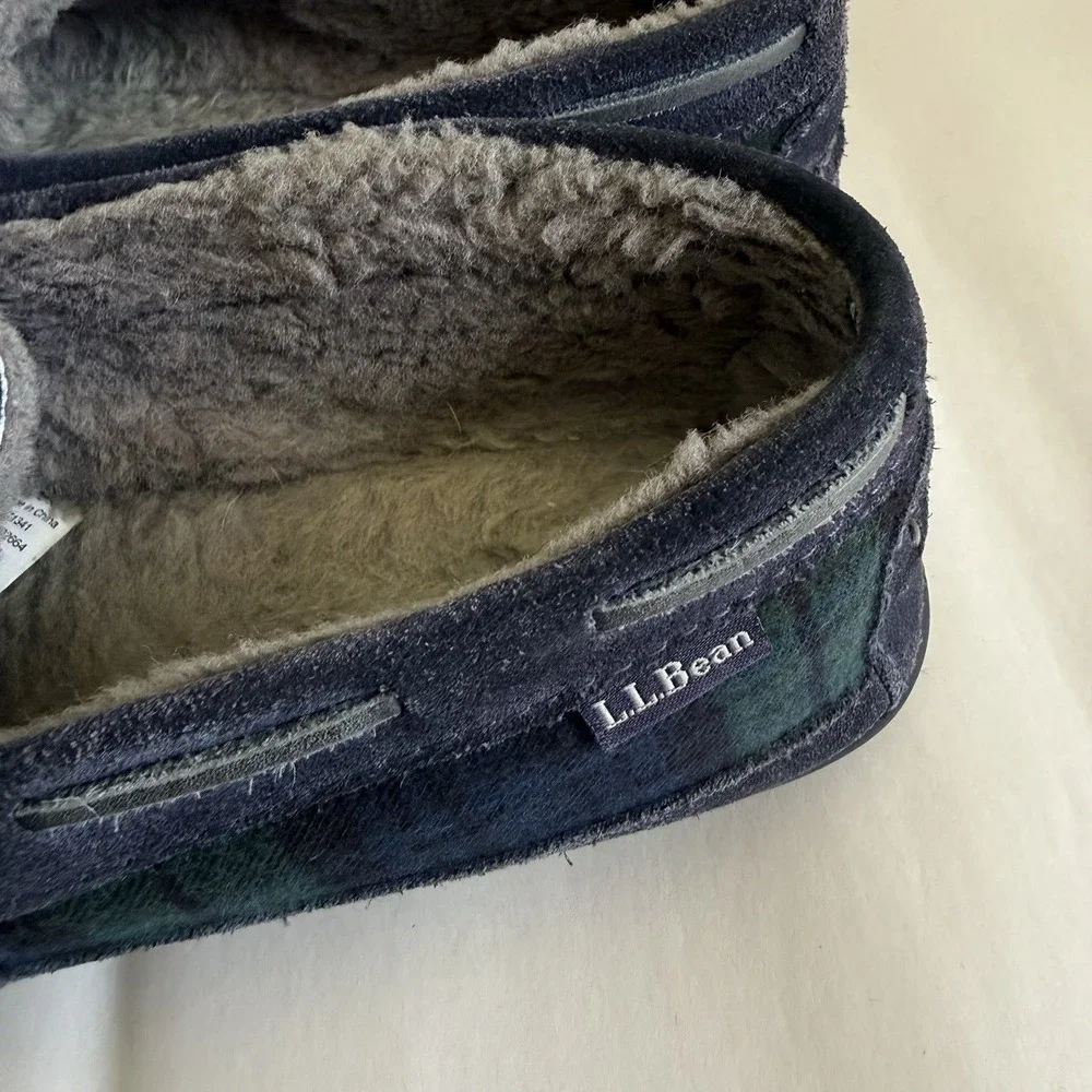 L.L. Bean Wicked Good Plaid Flannel Moccasin Slippers‎ Mens Size 9M Green Blue